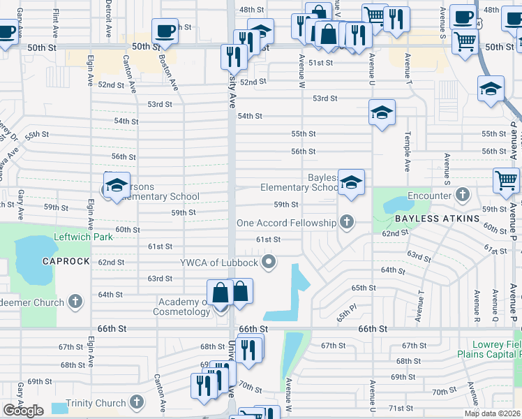 map of restaurants, bars, coffee shops, grocery stores, and more near 2314 60th Street in Lubbock