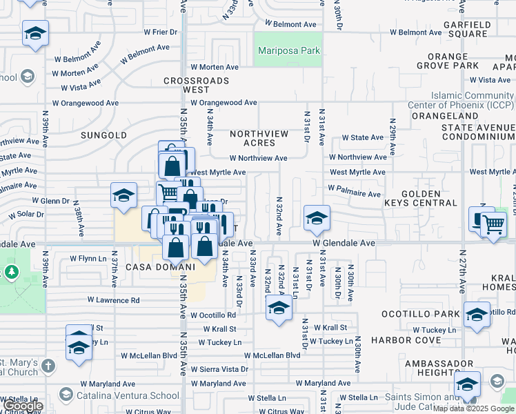 map of restaurants, bars, coffee shops, grocery stores, and more near 3228 West Glendale Avenue in Phoenix