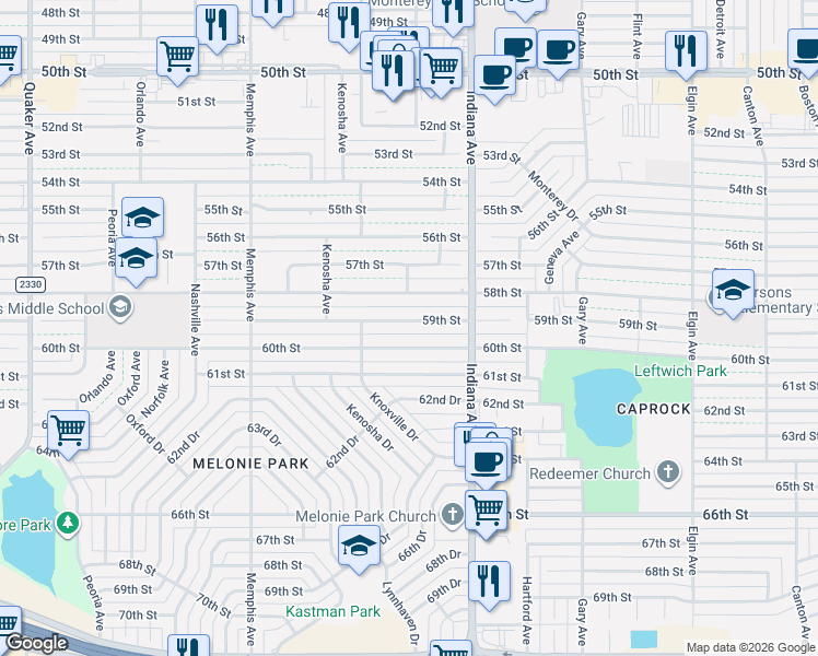 map of restaurants, bars, coffee shops, grocery stores, and more near 3422 60th Street in Lubbock