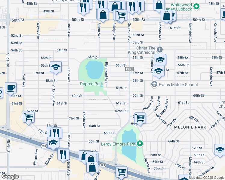 map of restaurants, bars, coffee shops, grocery stores, and more near 4506 60th Street in Lubbock