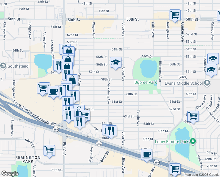 map of restaurants, bars, coffee shops, grocery stores, and more near 4902 60th Street in Lubbock