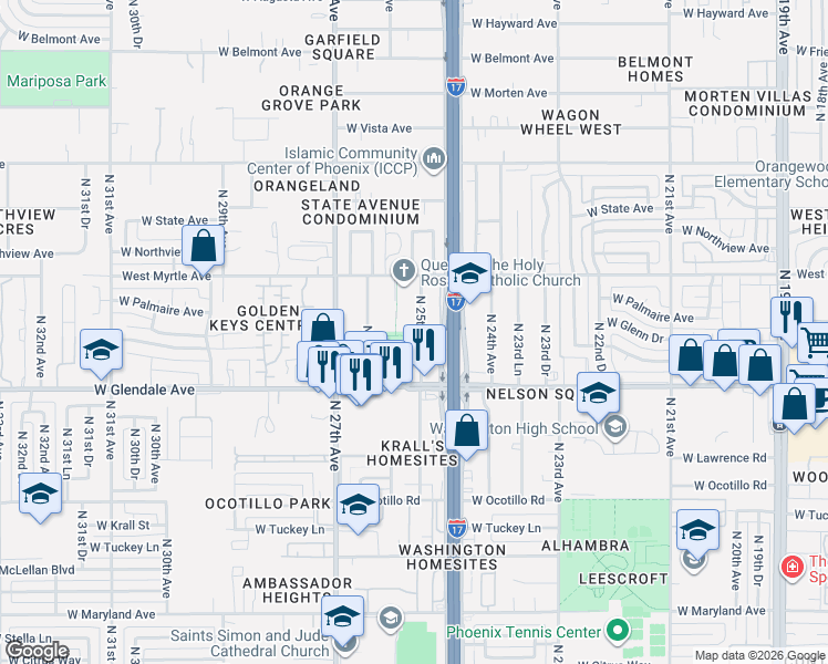map of restaurants, bars, coffee shops, grocery stores, and more near 2602 West Glendale Avenue in Phoenix