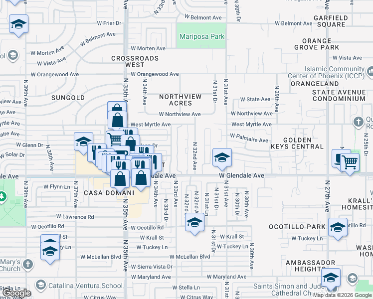 map of restaurants, bars, coffee shops, grocery stores, and more near 3228 West Glendale Avenue in Phoenix