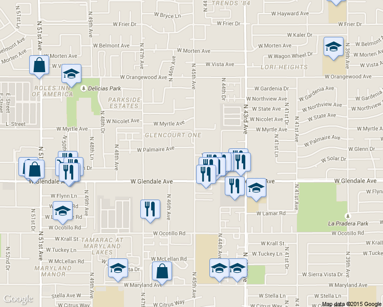 map of restaurants, bars, coffee shops, grocery stores, and more near 7046 North 45th Avenue in Glendale
