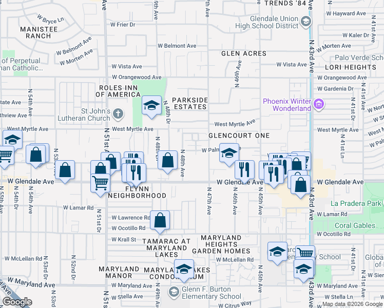map of restaurants, bars, coffee shops, grocery stores, and more near 7114 North 47th Avenue in Glendale