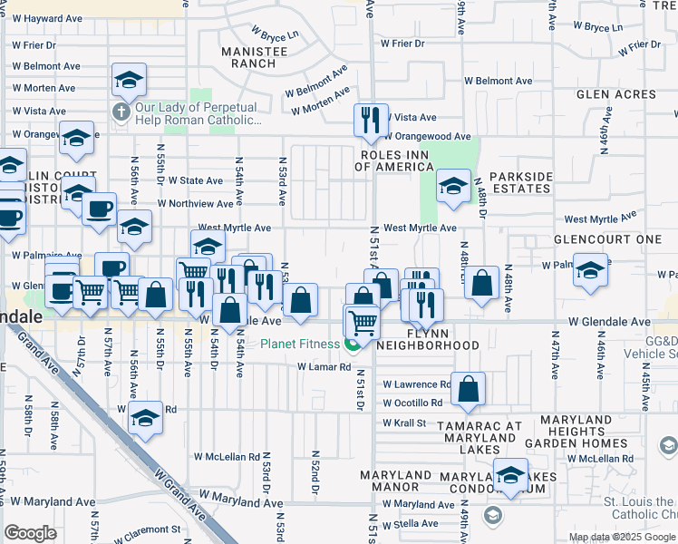 map of restaurants, bars, coffee shops, grocery stores, and more near 5136 West Glenn Drive in Glendale