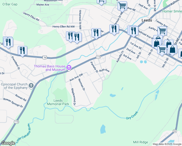 map of restaurants, bars, coffee shops, grocery stores, and more near 120 Colonial Acres Drive in Leeds