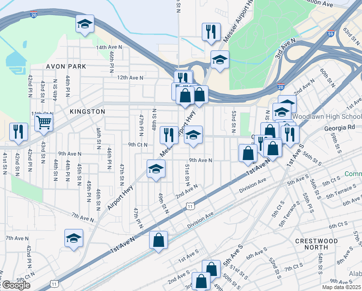 map of restaurants, bars, coffee shops, grocery stores, and more near 917 50th Street North in Birmingham