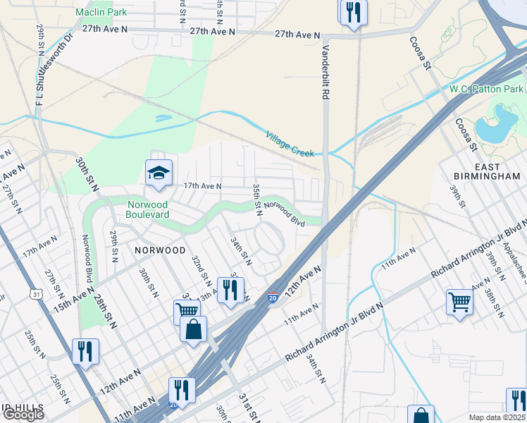 map of restaurants, bars, coffee shops, grocery stores, and more near 32 Norwood Circle in Birmingham