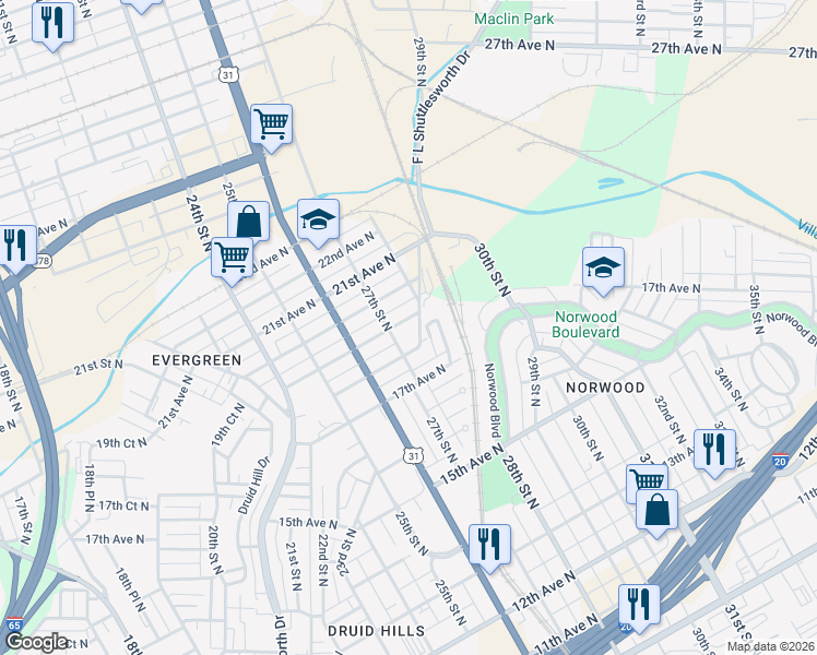 map of restaurants, bars, coffee shops, grocery stores, and more near 2712 18th Avenue North in Birmingham