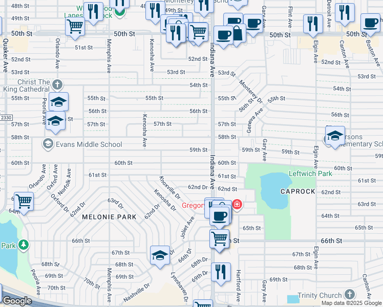 map of restaurants, bars, coffee shops, grocery stores, and more near 3413 59th Street in Lubbock