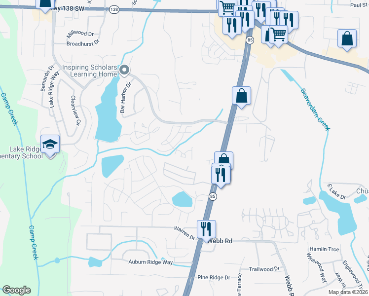 map of restaurants, bars, coffee shops, grocery stores, and more near 950 Lake Ridge Parkway in Riverdale
