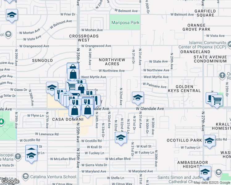 map of restaurants, bars, coffee shops, grocery stores, and more near 3228 West Glendale Avenue in Phoenix