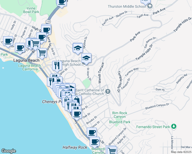 map of restaurants, bars, coffee shops, grocery stores, and more near 737 Griffith Way in Laguna Beach