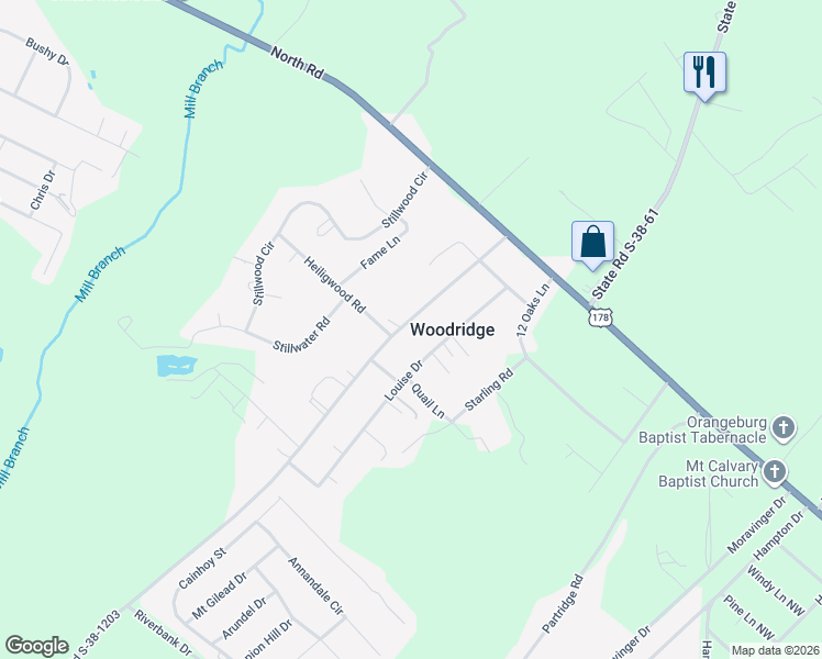 map of restaurants, bars, coffee shops, grocery stores, and more near 417 State Road S-38-1203 in Orangeburg