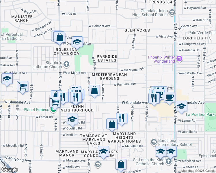map of restaurants, bars, coffee shops, grocery stores, and more near 7114 North 47th Avenue in Glendale