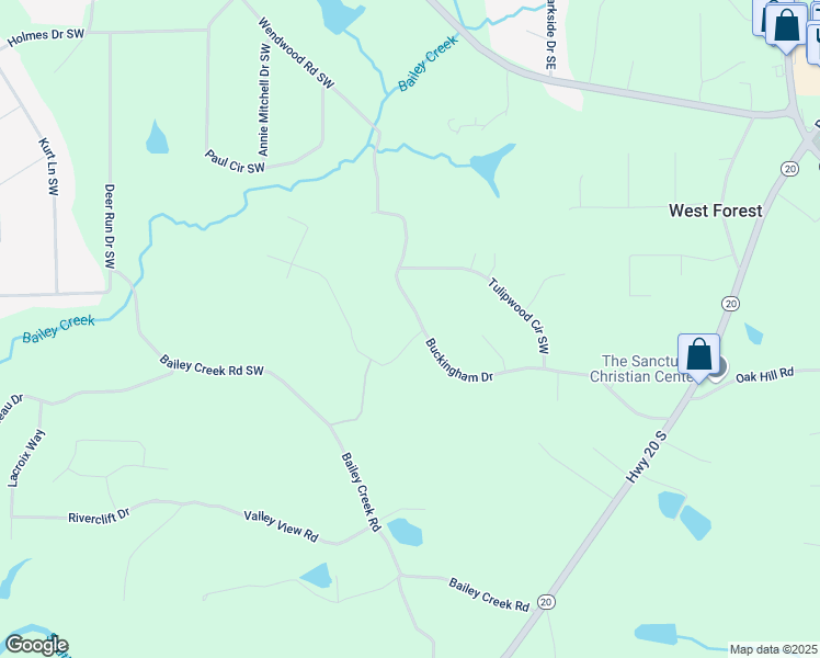 map of restaurants, bars, coffee shops, grocery stores, and more near 346 Buckingham Drive Southwest in Conyers