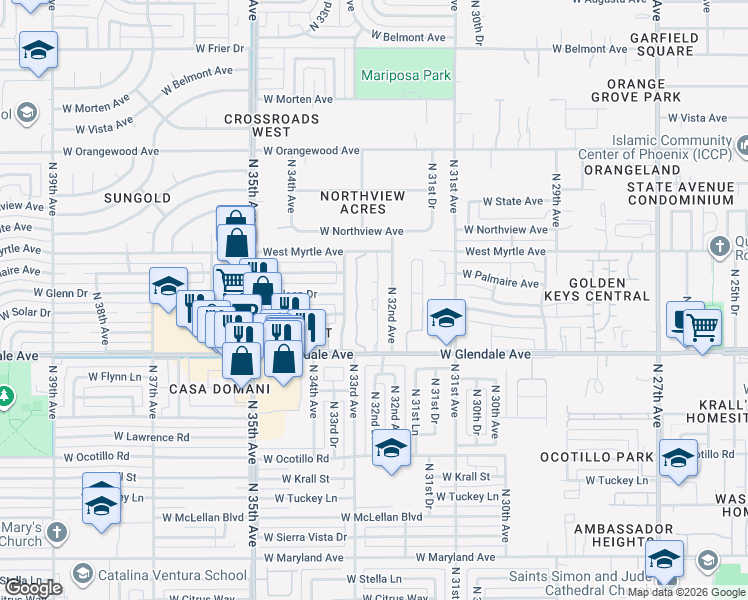 map of restaurants, bars, coffee shops, grocery stores, and more near 3218 West Glendale Avenue in Phoenix