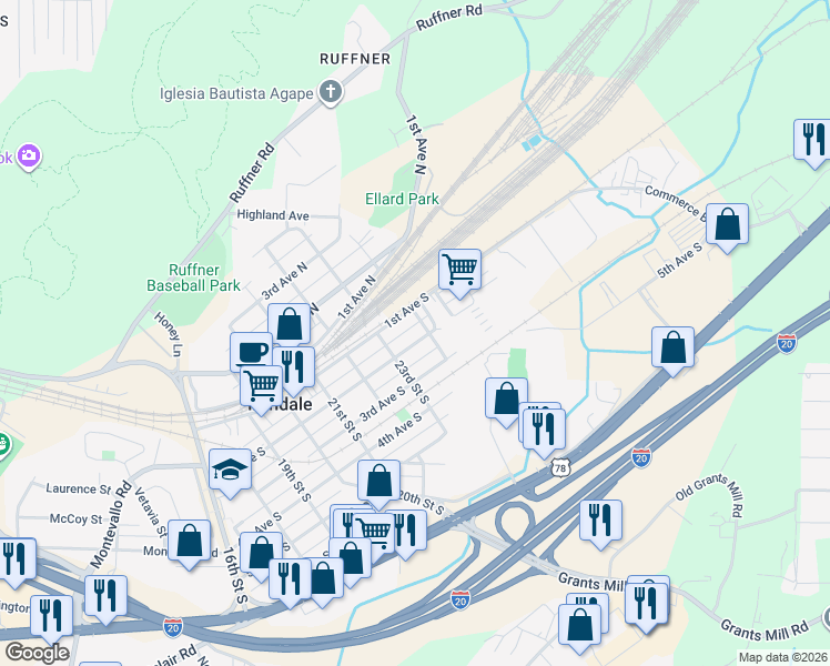map of restaurants, bars, coffee shops, grocery stores, and more near 2401 2nd Alley South in Birmingham