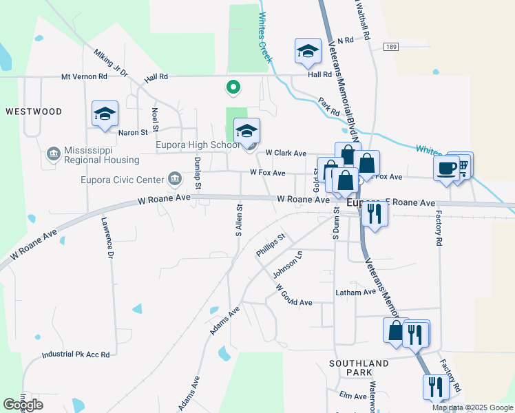 map of restaurants, bars, coffee shops, grocery stores, and more near 101-147 S Allen St in Eupora