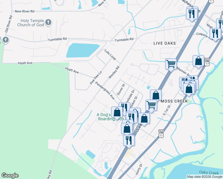 map of restaurants, bars, coffee shops, grocery stores, and more near 6 Crooked Island Circle in Murrells Inlet