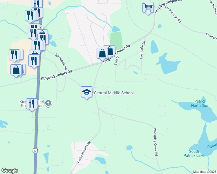 map of restaurants, bars, coffee shops, grocery stores, and more near 114 Whooping Creek Road in Carrollton