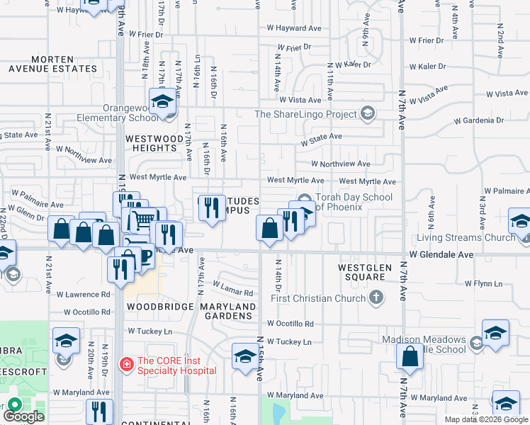 map of restaurants, bars, coffee shops, grocery stores, and more near 1430 West Cactus Wren Drive in Phoenix
