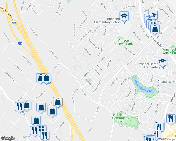 map of restaurants, bars, coffee shops, grocery stores, and more near 40383 Amesbury Lane in Temecula