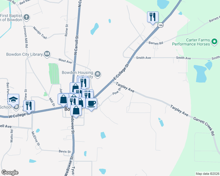 map of restaurants, bars, coffee shops, grocery stores, and more near 334 East College Street in Carrollton