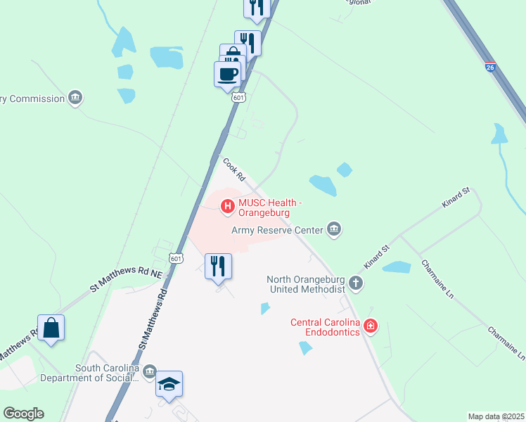 map of restaurants, bars, coffee shops, grocery stores, and more near 1175 Cook Road in Orangeburg