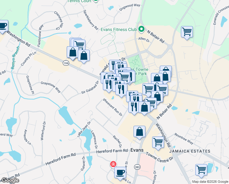 map of restaurants, bars, coffee shops, grocery stores, and more near 4356 Washington Rd in Evans