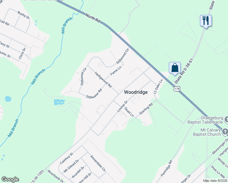 map of restaurants, bars, coffee shops, grocery stores, and more near 496 State Road S-38-1203 in Orangeburg