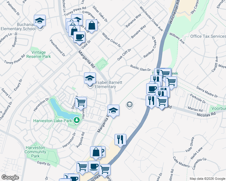 map of restaurants, bars, coffee shops, grocery stores, and more near 27142 Majello Court in Temecula