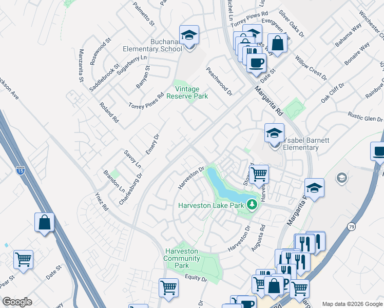 map of restaurants, bars, coffee shops, grocery stores, and more near 40005 Spring Place Court in Temecula