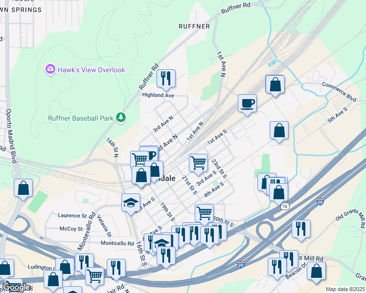 map of restaurants, bars, coffee shops, grocery stores, and more near 2110 1st Avenue North in Irondale