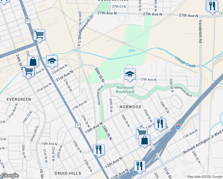 map of restaurants, bars, coffee shops, grocery stores, and more near 1640 30th Street North in Birmingham
