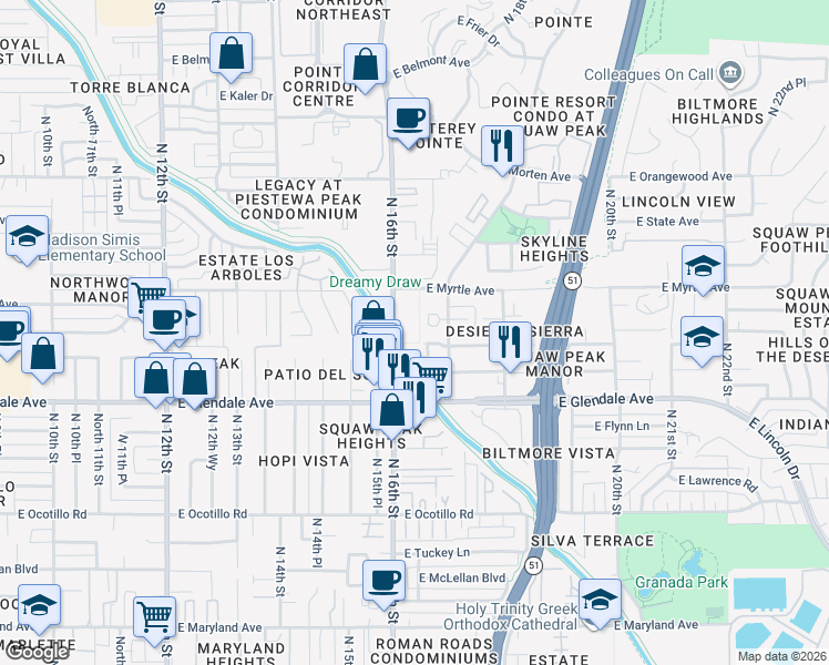 map of restaurants, bars, coffee shops, grocery stores, and more near 7141 North 16th Street in Phoenix