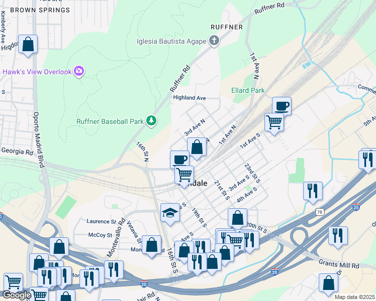 map of restaurants, bars, coffee shops, grocery stores, and more near 2009 2nd Avenue North in Irondale