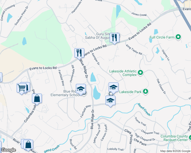 map of restaurants, bars, coffee shops, grocery stores, and more near 597 Blue Ridge Crossing in Evans