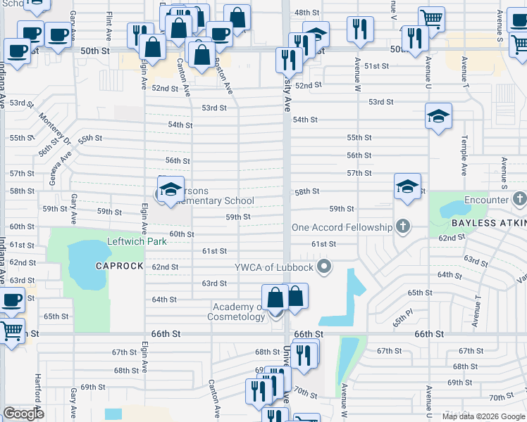 map of restaurants, bars, coffee shops, grocery stores, and more near 2513 59th Street in Lubbock