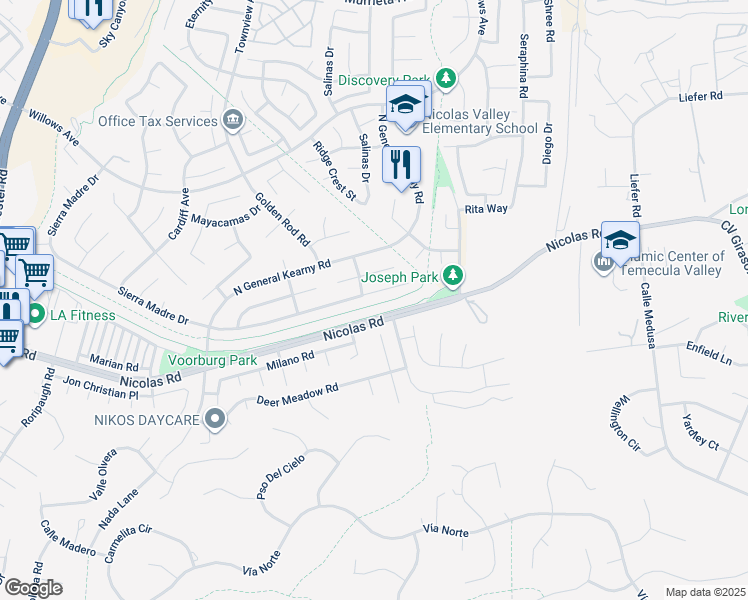 map of restaurants, bars, coffee shops, grocery stores, and more near 30439 Sierra Madre Drive in Temecula
