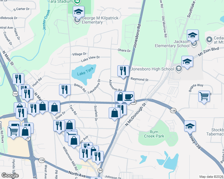 map of restaurants, bars, coffee shops, grocery stores, and more near 7870 Clayton Road in Jonesboro