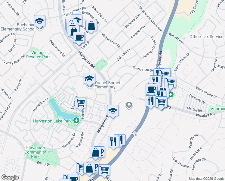 map of restaurants, bars, coffee shops, grocery stores, and more near 27126 Majello Court in Temecula