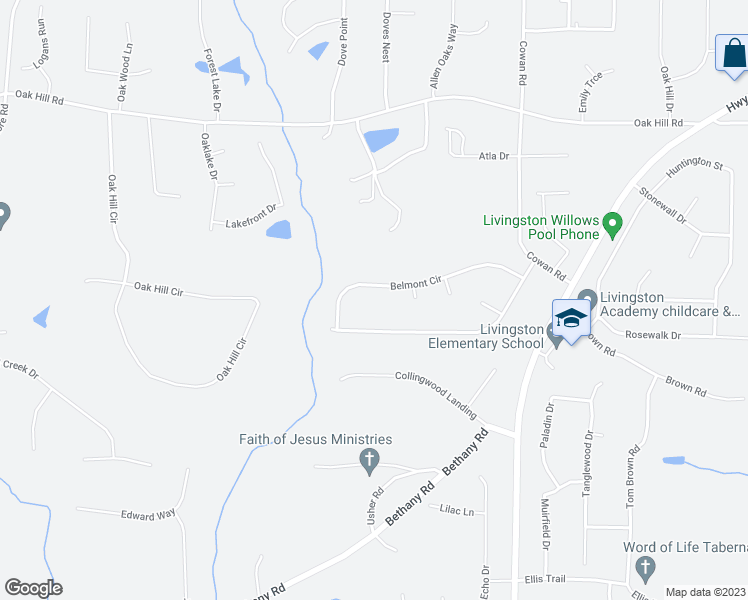 map of restaurants, bars, coffee shops, grocery stores, and more near 175 Belmont Circle in Covington