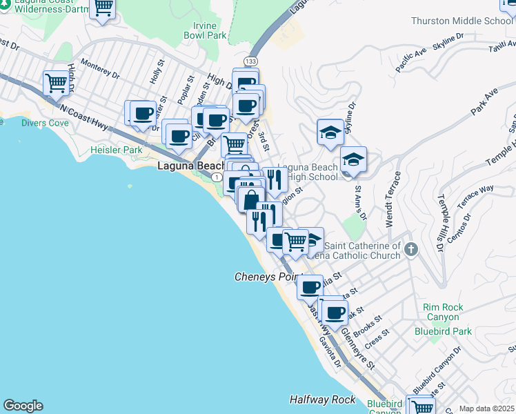 map of restaurants, bars, coffee shops, grocery stores, and more near 552 Ramona Avenue in Laguna Beach