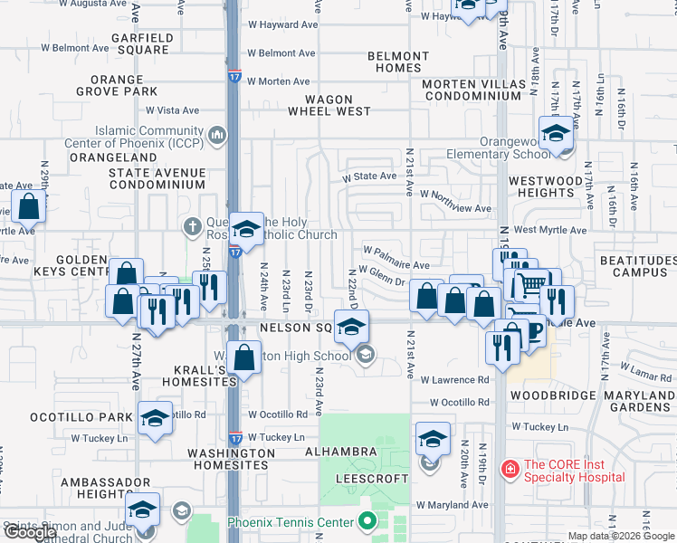 map of restaurants, bars, coffee shops, grocery stores, and more near 7036 North 22nd Drive in Phoenix