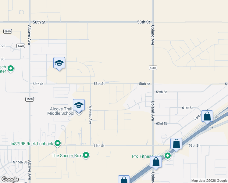 map of restaurants, bars, coffee shops, grocery stores, and more near 5833 Virginia Avenue in Lubbock