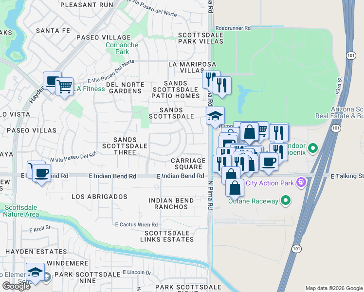 map of restaurants, bars, coffee shops, grocery stores, and more near 8683 East Vía de Belleza in Scottsdale