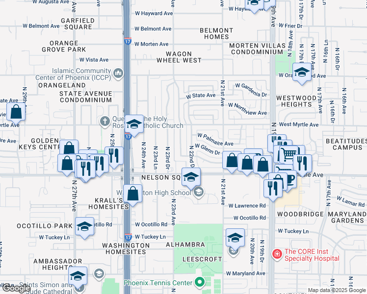 map of restaurants, bars, coffee shops, grocery stores, and more near 7036 North 22nd Drive in Phoenix