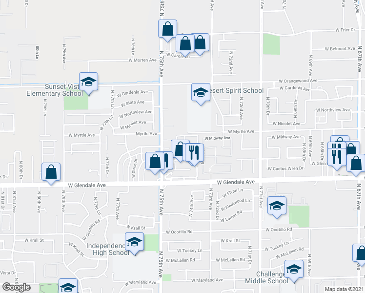 map of restaurants, bars, coffee shops, grocery stores, and more near 7111 North 75th Avenue in Glendale